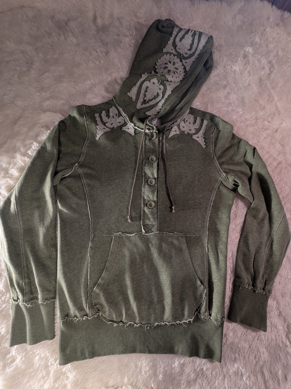 Free People Olive Green Hooded Button Pullover with Printed Hood Never Worn NWOT